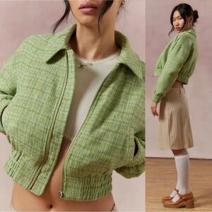 UO Kimchi Blue Evelyn Cropped Bomber Jacket Tweed Mint Green Clueless XS NEW